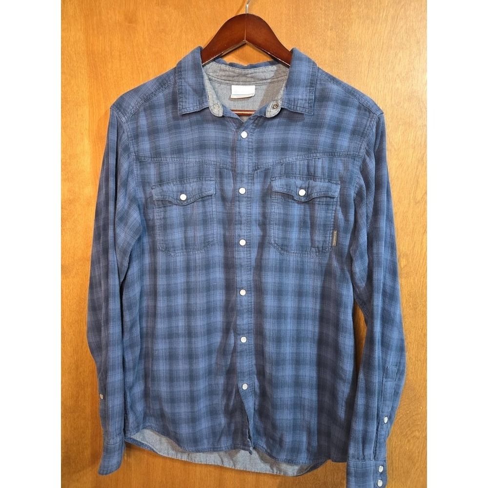 Columbia Mens M Blue Plaid Flannel Pearl Snap Long Sleeve Shirt Outdoor Trail‎